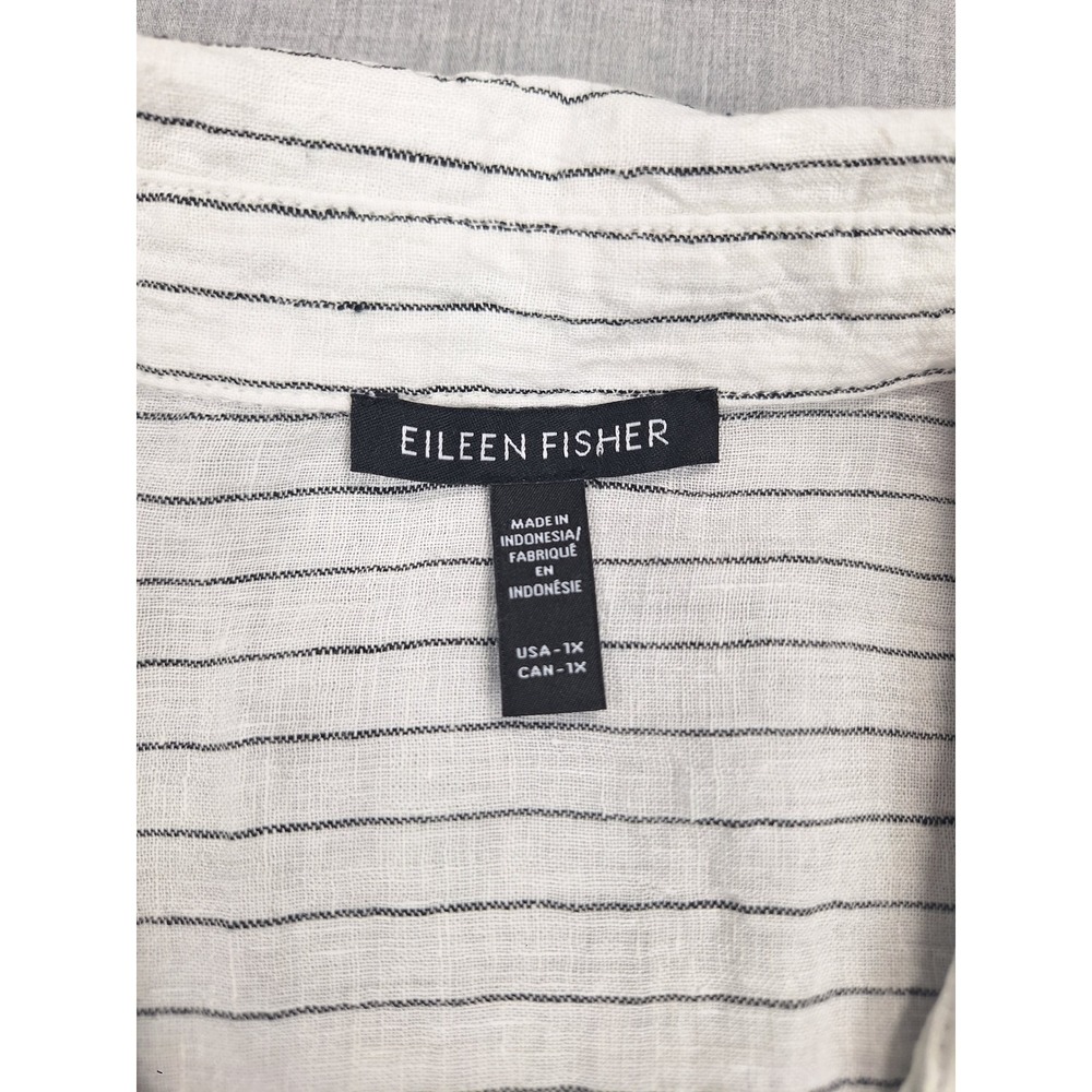 Eileen Fisher 1X Puckered Pinstripe 100% Organic Linen Short Sleeve Top - Picture 5 of 6